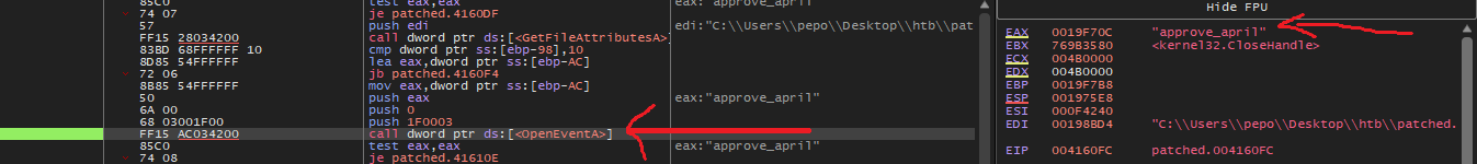 Debugging OpenEventA Mutex/Event Name